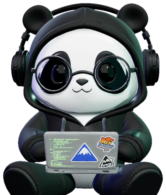 Navya's cyber-panda mascot, coding in a hoodie